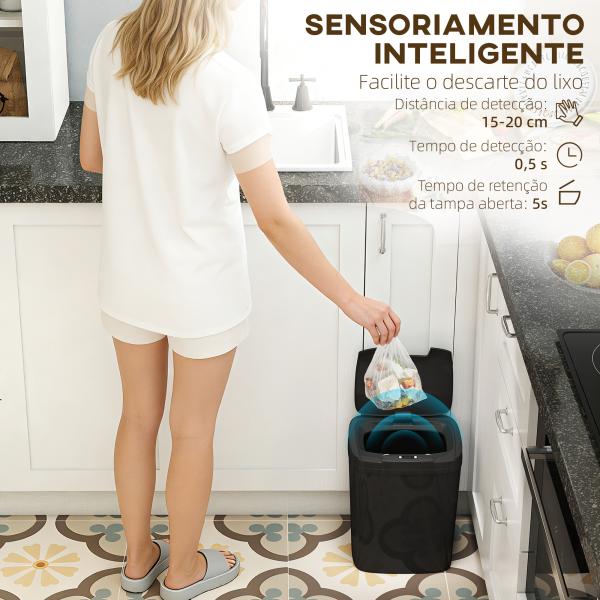 Balde de Lixo Automático 15L com Sensor Infravermelhos e Modo Manual Anel de Retenção Antimarcas 27,6x21,4x33,5 cm Preto