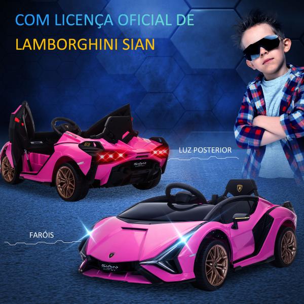 Carro Elétrico Lamborghini SIAN 12V para Crianças de 3 - 8 anos com Controle Remoto Abertura da Porta Música MP3 USB e Faróis 108x62x40cm Rosa