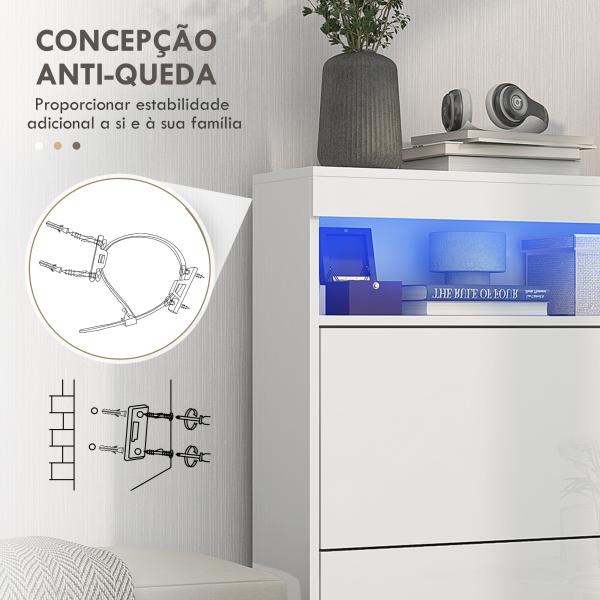 Móvel Sapateira de Entrada com Luzes LED Prateleira Aberta e 2 Gavetas Basculantes para 12 - 16 Pares 80x24x99,5 cm Branco Brilhante
