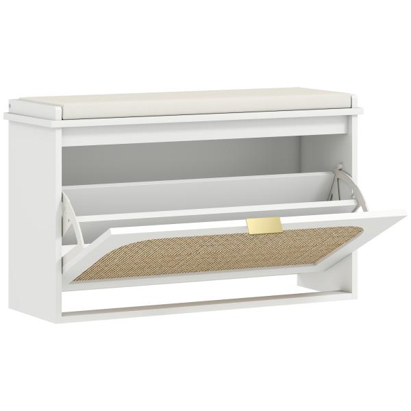 Banco para Sapatos Boho com Assento Acolchoado Porta de Rattan Gaveta Basculante Prateleira Ajustável 8 Pares 80x26x47,5 cm Branco