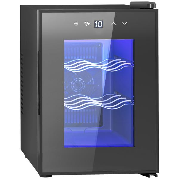 Cave de Vinho para 6 Garrafas com Luz LED Ecrã Tátil Controlo de Temperatura e 2 Prateleiras Ajustáveis 26,5x51,5x39,3 cm Preto