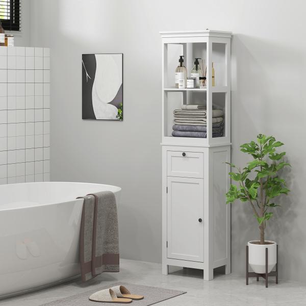 Coluna Casa de Banho Móvel Casa de Banho com Gaveta Porta Prateleira Ajustável e 2 Compartimentos 40x30x165 cm Branco