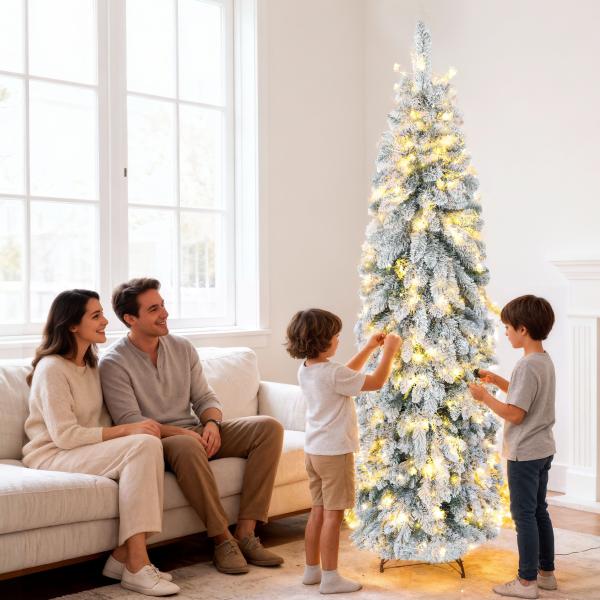 Árvore de Natal Estreita 180 cm Árvore de Natal Nevada com Luzes LED Temporizador 11 Modos de Iluminação Verde
