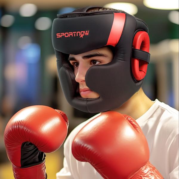 Capacete de Boxe com Correia Ajustável Protetor de Cabeça para Artes Marciais Karate Tamanho L Vermelho e Preto