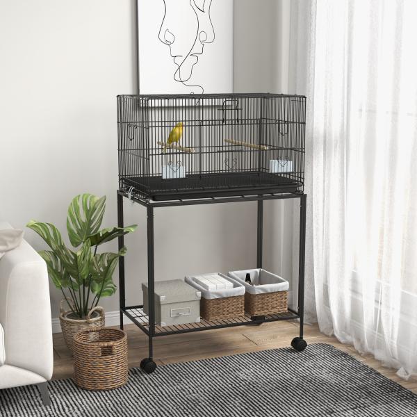 Gaiola para Pássaros com Rodas 77x46x119 cm Bandeja Amovível 2 Poleiros 2 Comedouros e Prateleira de Armazenamento Preto