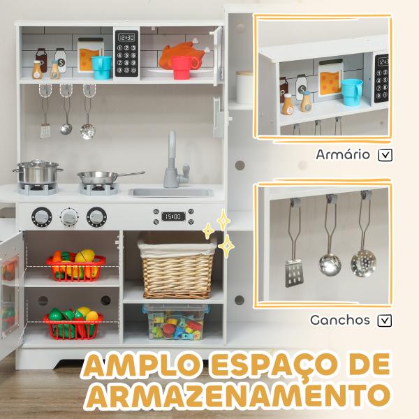 Cozinha de Madeira para Crianças com Fogão Lavatório Micro - Ondas Relógio Máquina de Gelo e Acessórios 100,5x41x110 cm Brancp