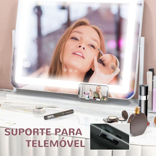 Espelho de Maquilhagem com Luzes 3 Modos de Iluminação Suporte para Telemóvel e Entrada USB 62,5x14x49,5 cm Branco