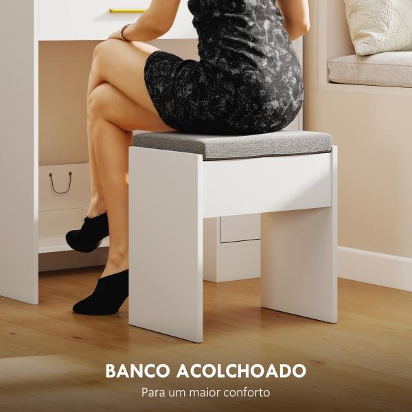 Toucador de Maquilhagem com Luzes LED Banco Espelho 10 Lâmpadas Gaveta Prateleiras e Compartimentos Branco