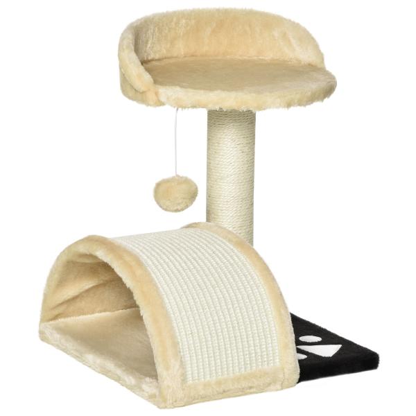 Árvore Arranhador para Gatos de 2 Níveis com Poste e Tapete de Arranhar Cama e Bola Suspensa 35,5x37x46 cm Bege
