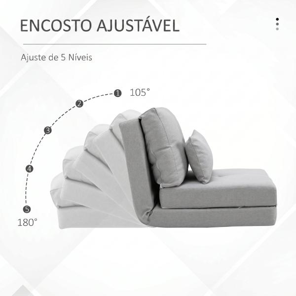 Sofá - Cama Individual Dobrável Revestido em Linho com Encosto Ajustável 5 Posições 1 Almofada Cinzento Claro