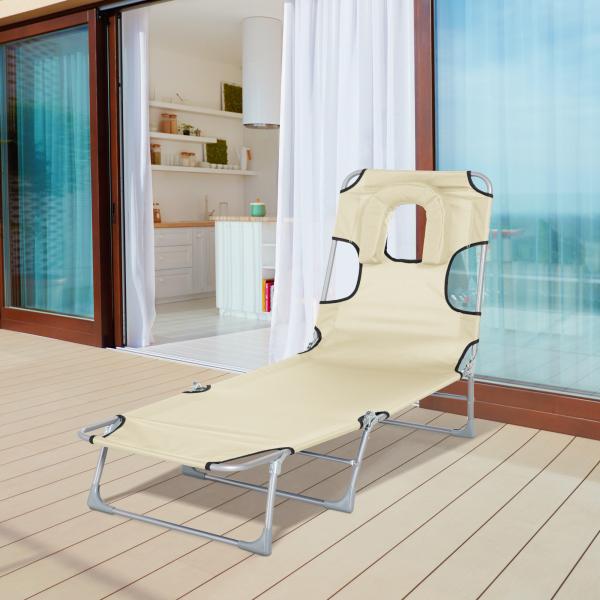 Espreguiçadeira de Jardim Reclinável e Dobrável com Orifício de Leitura Apoio para Cabeça e Encosto Ajustável em 4 Níveis para Praia 182x56x24,5 cm Bege