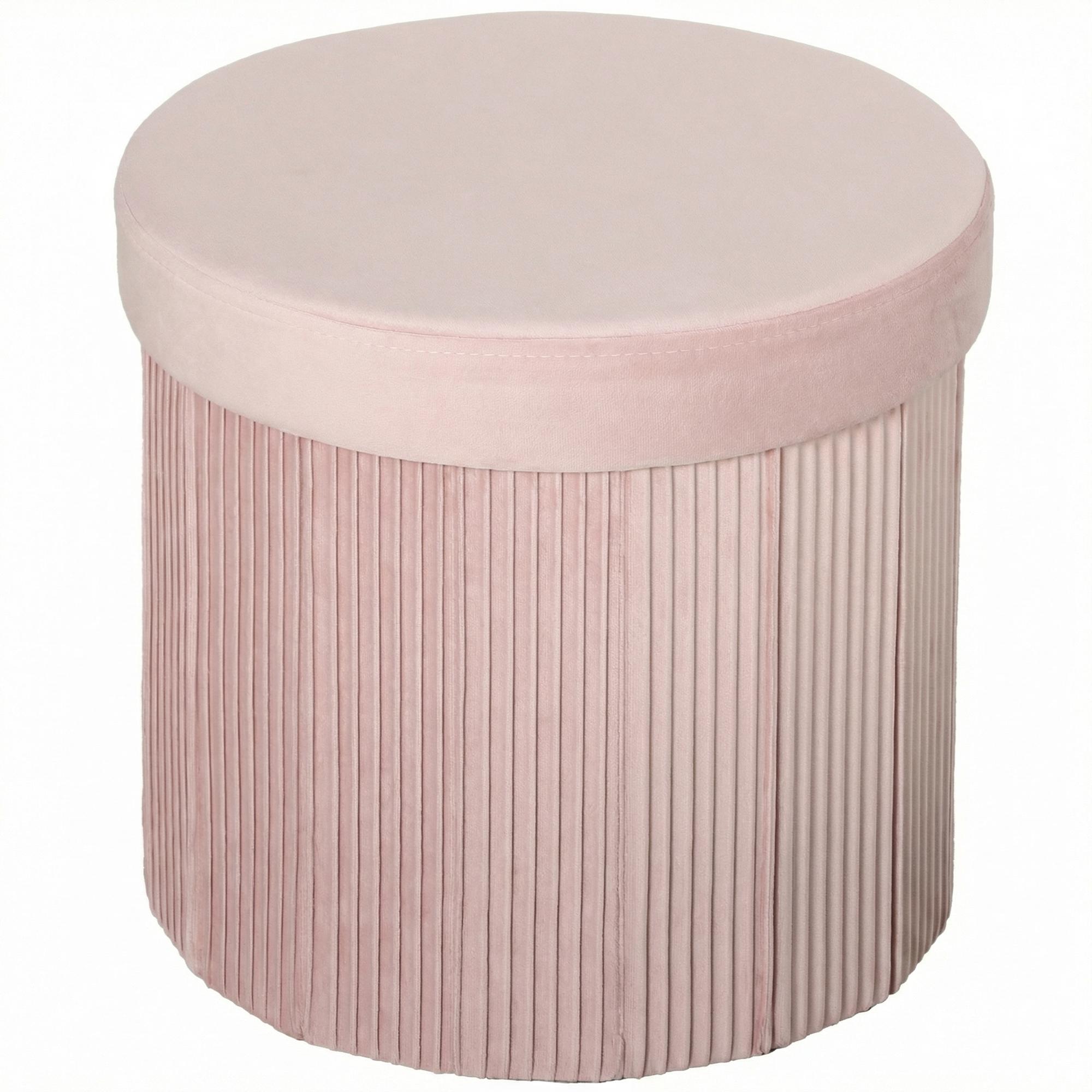 Puff de Arrumação Banco de Arrumação Dobrável 35 L 38x38x38 cm Estofado em Veludo Baú de Arrumação Redondo Rosa