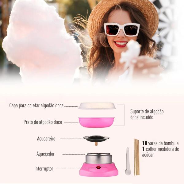 Máquina de Algodão Doce Potência 450W - 550W Doce com Colher Medidora e 10 Palitos de Bambu 27x26x18cm Rosa