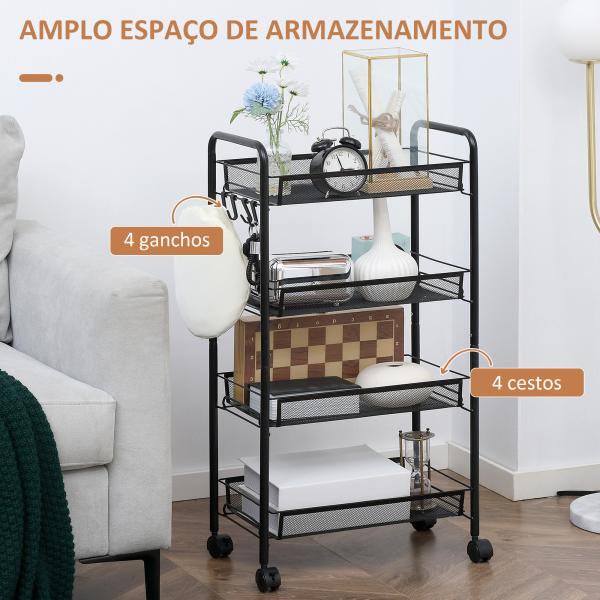 Carrinho Auxiliar com Rodas Carrinho de Cozinha de 4 Níveis Carrinho de Armazenamento com 4 Ganchos 45x26,5x84 cm Preto