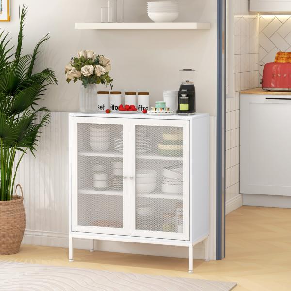 Aparador de 3 Níveis com Portas de Malha e Prateleira Ajustável Aparador de Cozinha Moderno para Sala 80x37x92 cm Branco