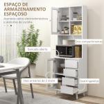 Armário de Cozinha com 2 Armários com Portas de Vidro Temperado 2 Compartimentos Abertos 4 Gavetas e Prateleiras Ajustáveis 60x35x180 cm Branco