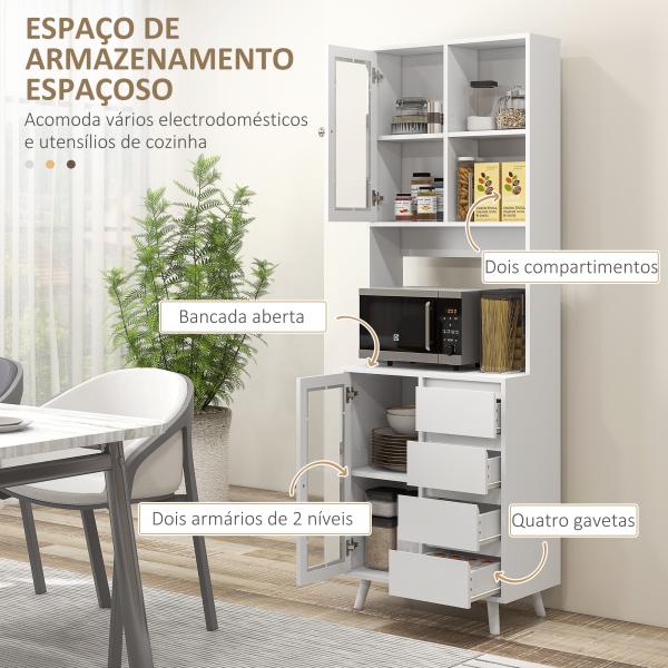 Armário de Cozinha com 2 Armários com Portas de Vidro Temperado 2 Compartimentos Abertos 4 Gavetas e Prateleiras Ajustáveis 60x35x180 cm Branco