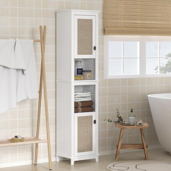 Coluna Casa de Banho com Prateleira Ajustável 2 Portas em Vime e 2 Compartimentos Estilo Boho 40x30x167,5 cm Branco