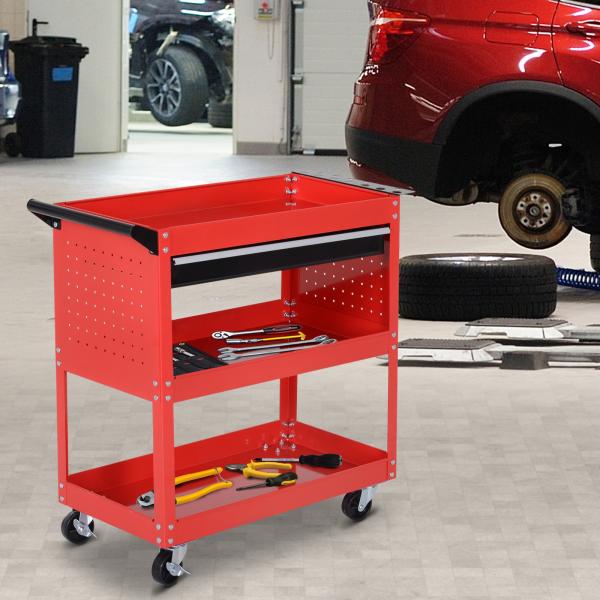 Carrinho de Ferramentas com 3 Bandejas e Gaveta Rodas com Travões Pega Lateral Painel Lateral Perfurado 82x35x76 cm Vermelho