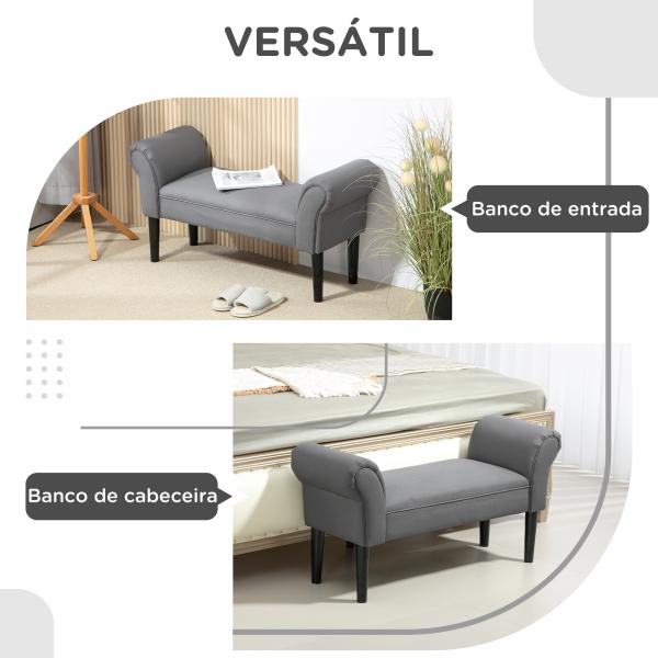Banco de Pé de Cama Estofado em Linho Sintético com Pés de Madeira Braços e Assento Acolchoado Cinzento Escuro