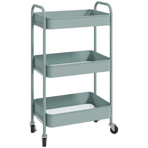 Carrinho Auxiliar de 3 Níveis com Rodas Carrinho de Armazenamento Deslizante para Cozinha Sala 45x30.6x79 cm Azul Claro