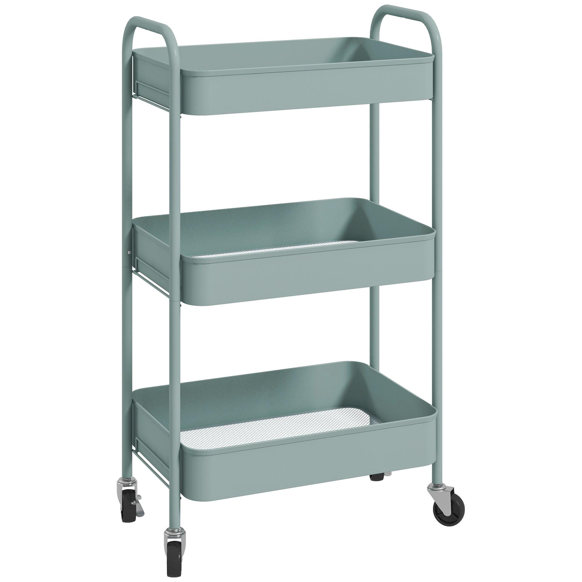 Carrinho Auxiliar de 3 Níveis com Rodas Carrinho de Armazenamento Deslizante para Cozinha Sala 45x30.6x79 cm Azul Claro