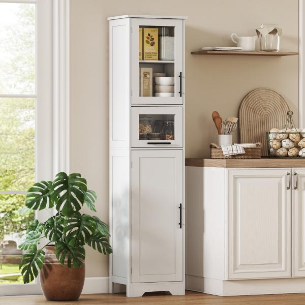 Coluna Casa de Banho com Porta de Vidro Prateleiras Ajustáveis Gaveta para Espaços Pequenos 40x31x170 cm Branco