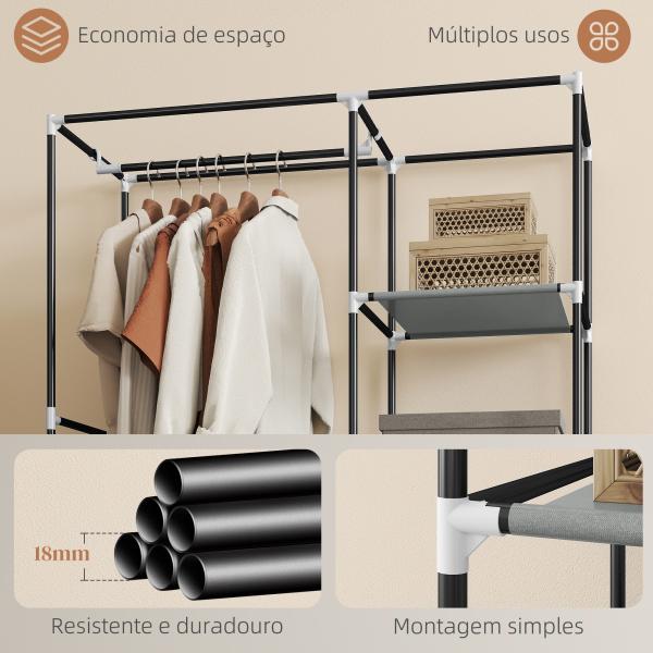 Roupeiro de Tecido Dobrável com 6 Prateleiras e 1 Barra de Pendurar para Dormitório Vestidor 103x43x162,5cm Cinza