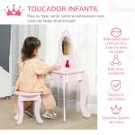Toucador Infantil com Banco e Espelho Estilo Princesa Mesa de Maquilhagem Infantil com Gaveta 60x36x88cm Rosa
