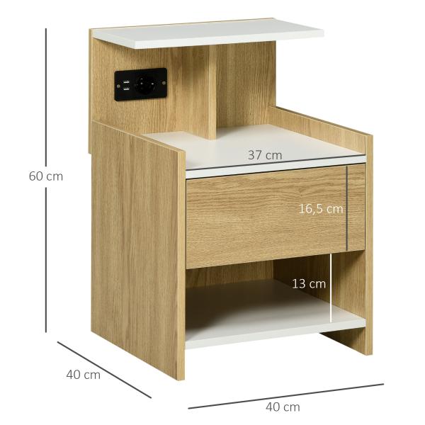 Mesa de Cabeceira Moderna Mesa de Cabeceira com Entrada USB Tomada Elétrica Gaveta e Prateleiras 40x40x60 cm Madeira