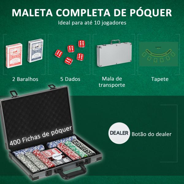 Mala de Póquer com 400 Fichas 2 Baralhos 5 Dados Tapete e Botão Dealer 39,5x28x8 cm Cinza