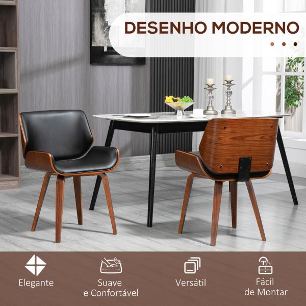 Conjunto de 2 Cadeiras de Jantar com Pés de Madeira Estofadas em Couro Sintético Encosto Curvado 53x54x81 cm Preto