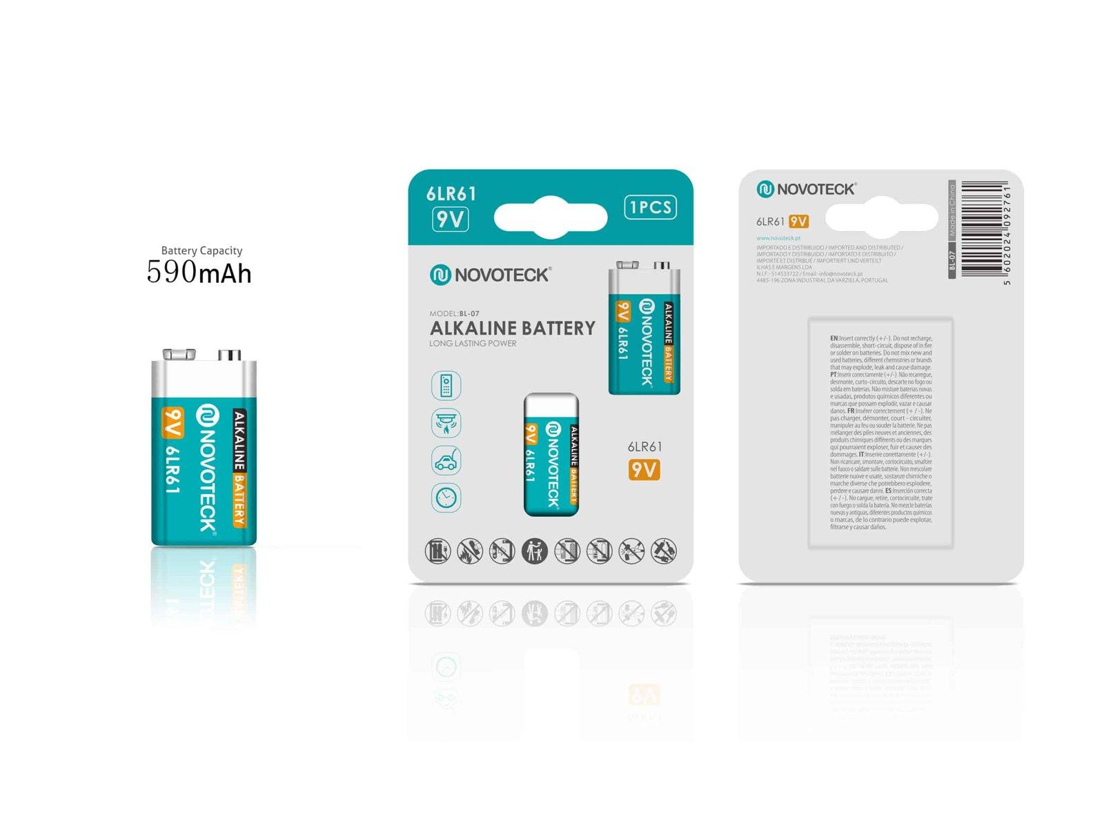 Pilha Alcalina 9V 6LR61 NOVOTECK – 590mAh – 1 Unidade BL-07