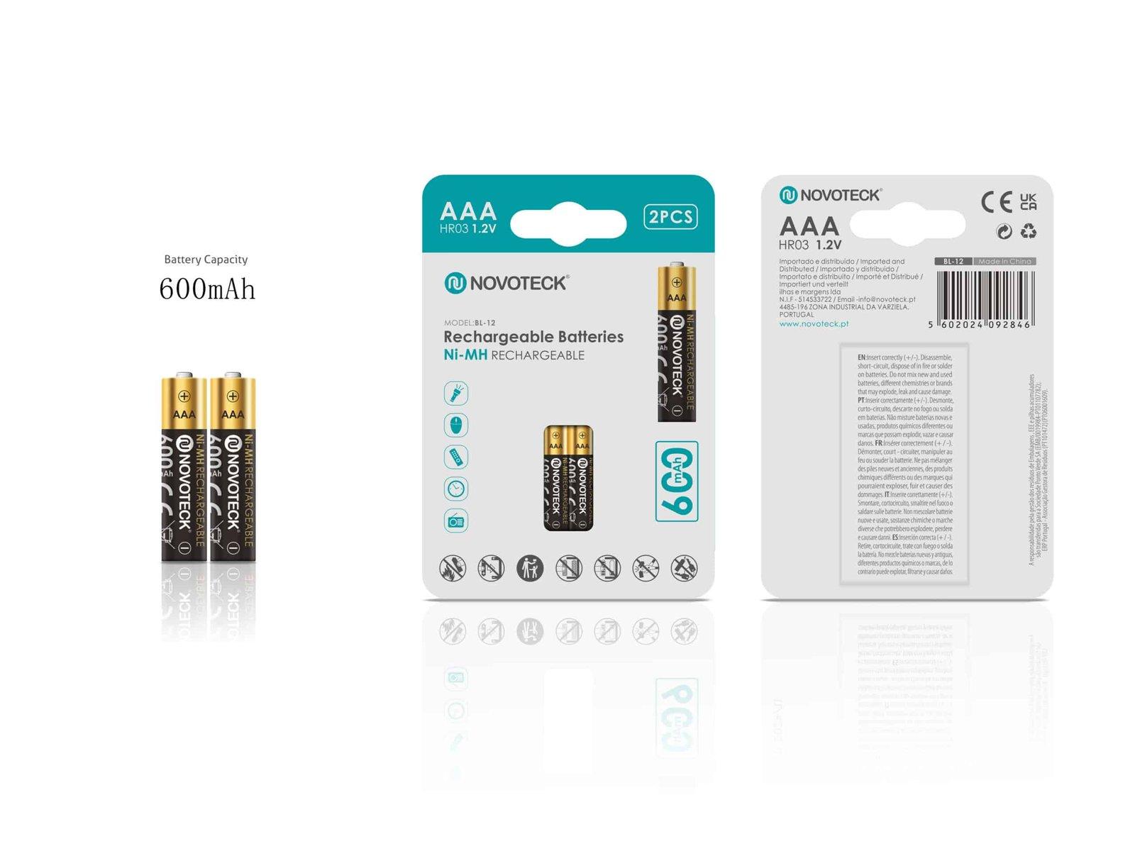 Pilhas Recarregáveis AAA HR03 Ni-MH NOVOTECK 600mAh – Pack com 2 Unidades BL-12