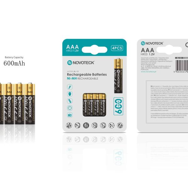 Pilhas Recarregáveis AAA HR03 Ni-MH NOVOTECK 600mAh – Pack com 4 Unidades BL-13