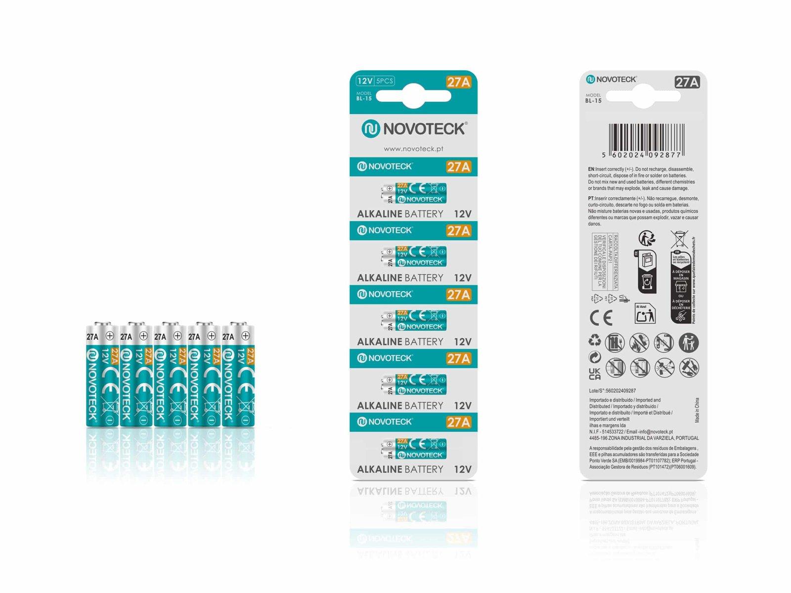 Pilhas Alcalinas 27A NOVOTECK 12V – Alta Voltagem – Pack com 5 Unidades BL-15