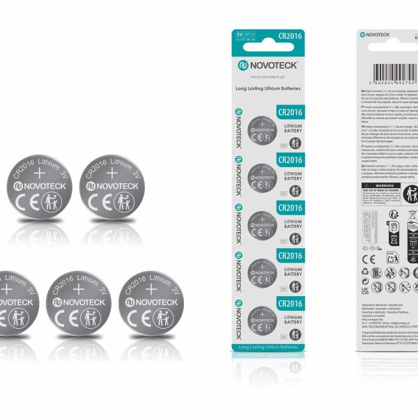 Pilhas de Lítio CR2016 NOVOTECK 3V – Longa Duração – Pack com 5 Unidades BL-16