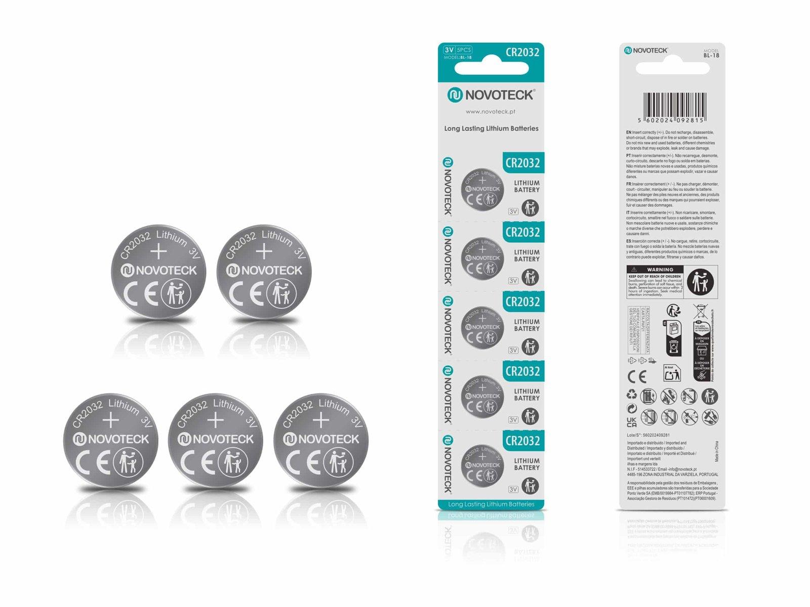 Pilhas de Lítio CR2032 NOVOTECK 3V – Longa Duração – Pack com 5 Unidades BL-18