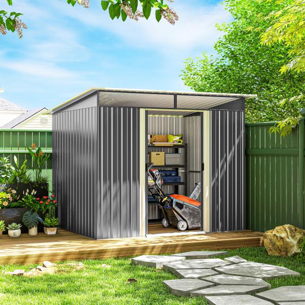 Abrigo de Jardim 4,5 m² 260x194x200 cm Abrigo Exterior Metálico com 2 Portas Deslizantes para Armazenamento de Ferramentas Cinza