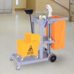Carro de Limpeza com Bolsa de 100L Carro de Limpeza Profissional com 3 Prateleiras e Plataforma 121x50,5x96,5 cm Cinza e Amarelo
