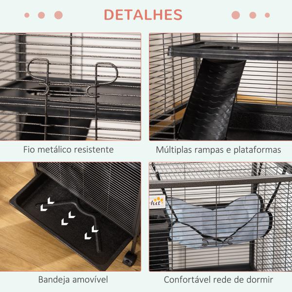 Gaiola para Roedores 52x52x113,5cm Gaiola para Furões com Rodas 2 Portas 3 Rampas Rede Suspensa e Bandeja Removível para Cobias Hamsters Cinza Prata