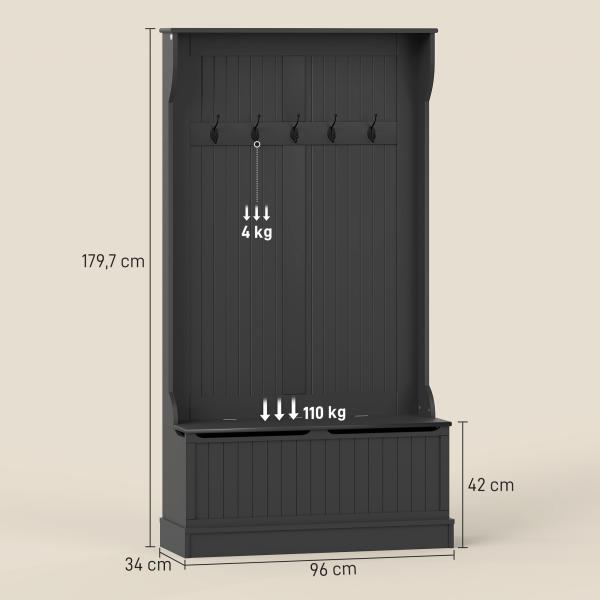Móvel Cabide de Entrada com Banco Armário de Entrada com Cabide 5 Ganchos e Espaço de Armazenamento 96x34x179,7 cm Preto