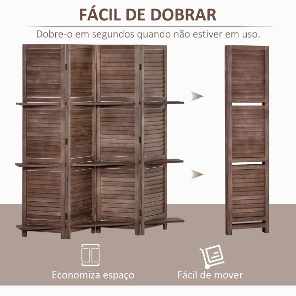 Biombo Dobrável de 4 Painéis de Madeira 162x170 cm Divisória de Ambiente com 3 Prateleiras Nogueira