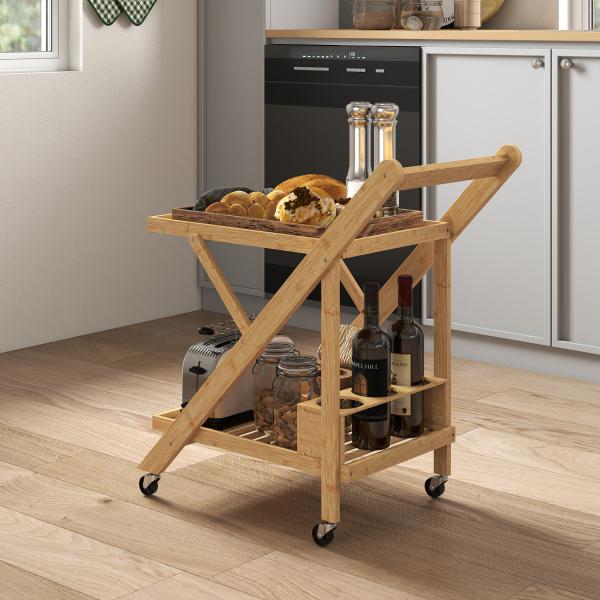 Carrinho de Cozinha em Bambu com Rodas, Dobrável, Garrafeira, 2 Prateleiras, 66x40x70 cm, Natural