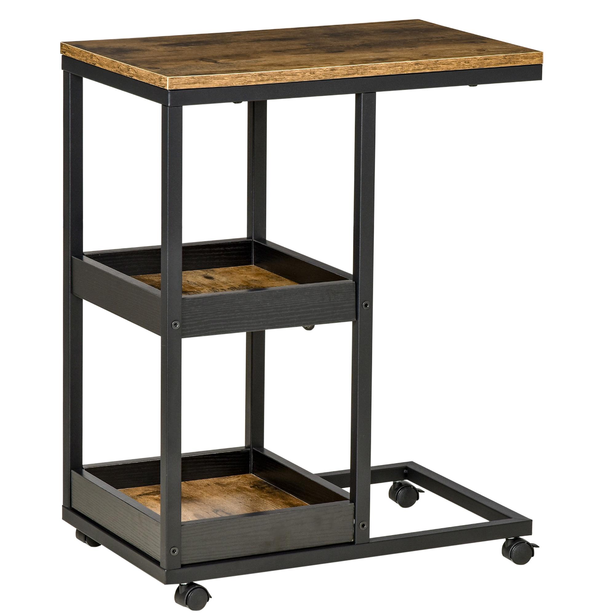 Mesa Auxiliar Industrial em Forma de C com Rodas Prateleiras Abertas e Estrutura de Aço 51x33x66 cm Marrom Escuro e Preto