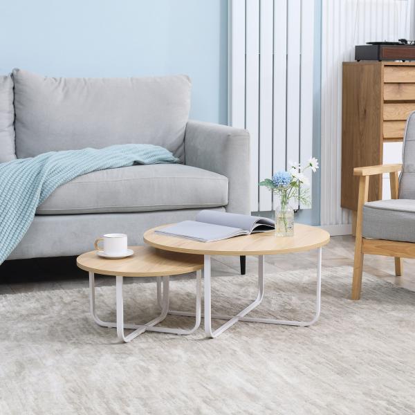 Conjunto de 2 Mesas de Centro Ø65x32cm e Ø45x26cm Mesas Redondas com Bancada de Madeira e Pés de Metal Madeira e Branco