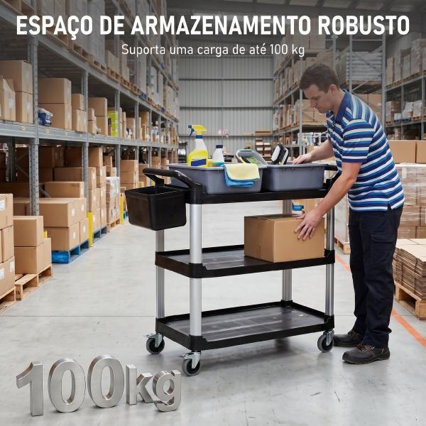 Carrinho de Limpeza com Rodas com 3 Prateleiras 2 Contentores e Balde Lateral Suspenso Carga 100 kg Preto.