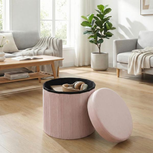 Puff de Arrumação Banco de Arrumação Dobrável 35 L 38x38x38 cm Estofado em Veludo Baú de Arrumação Redondo Rosa