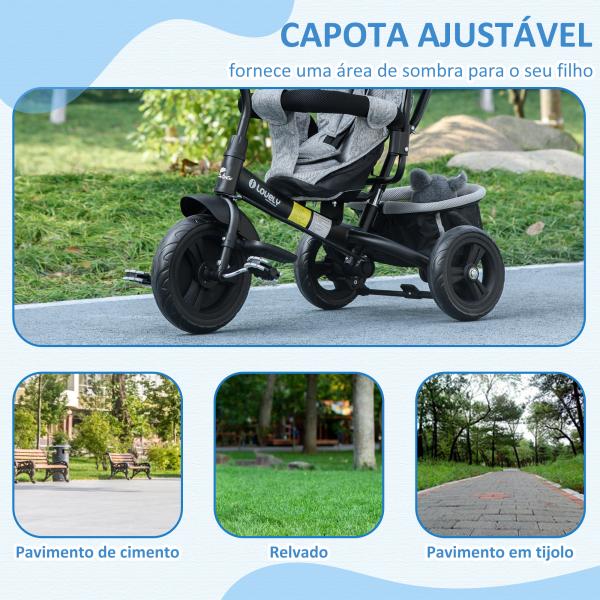 Triciclo para Bebés 2 em 1 de +12 Meses com Capota Dobrável Guiador Telescópico e Removível Bolsa e Porta - garrafas Cinza