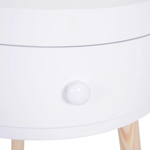 Mesa Apoio Redonda com 1 Gaveta Borda Elevada e 3 Pés de Madeira Estilo Moderno Ø38x45 cm Branco